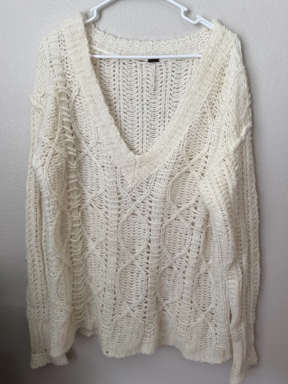 Free People Wool Blend Cream Cable Knit V-Neck Sweater - Women S Cottagecore